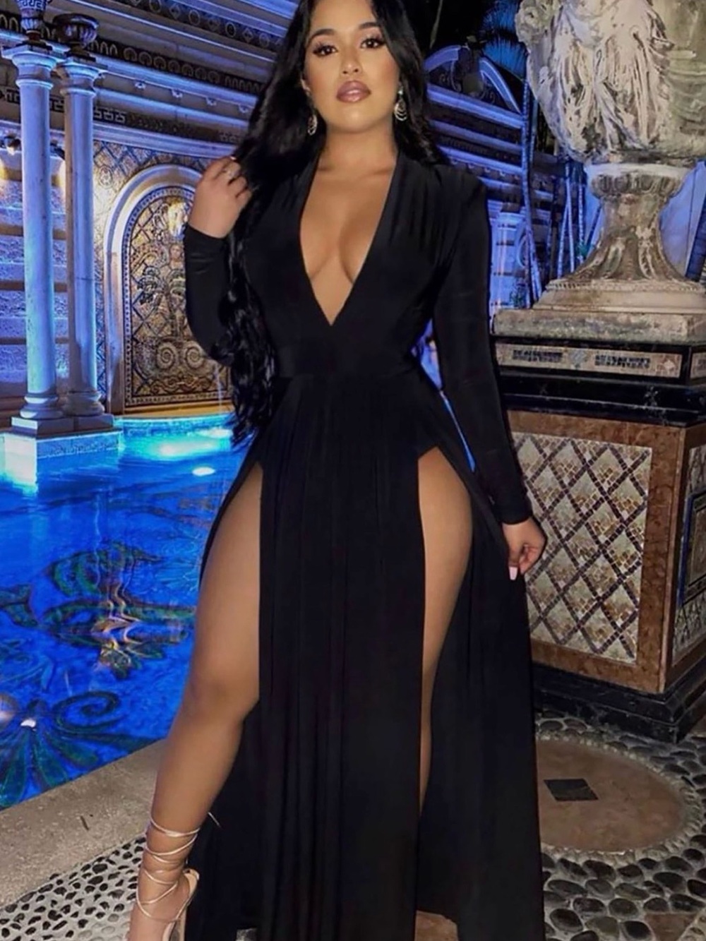 Fashion Nova Black Long Sleeve V-Neck Maxi Dress - Picture 2 of 2